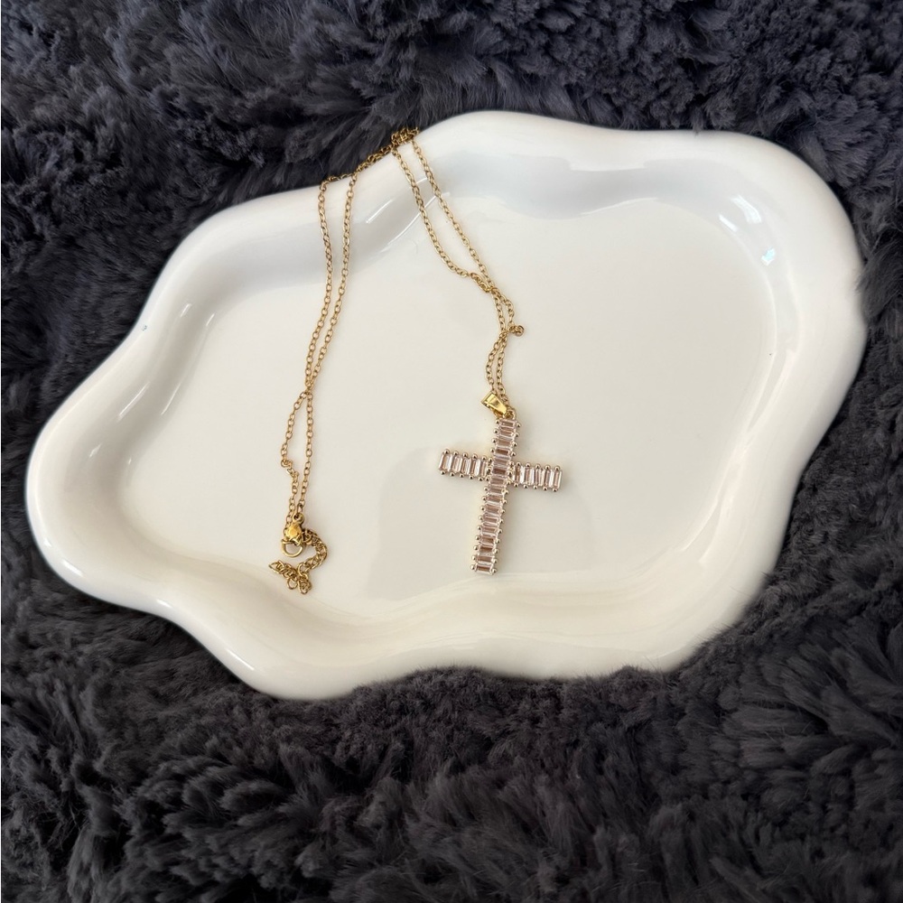 Gold Tone Rhinestone Baguette Cross Pendant Necklace